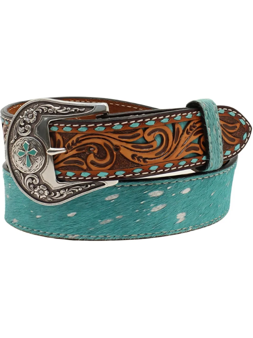 Angel Ranch Genuine Leather Belt Turquoise Silver Tone Hair On Western Buckle M